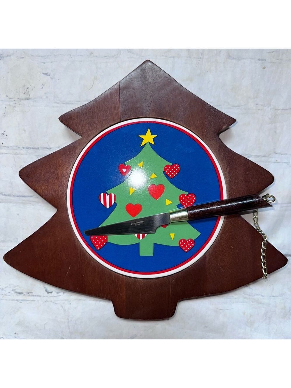Vintage Wooden/Tile Cheese Board W/Knife Christmas Tree Shape Design Taiwan